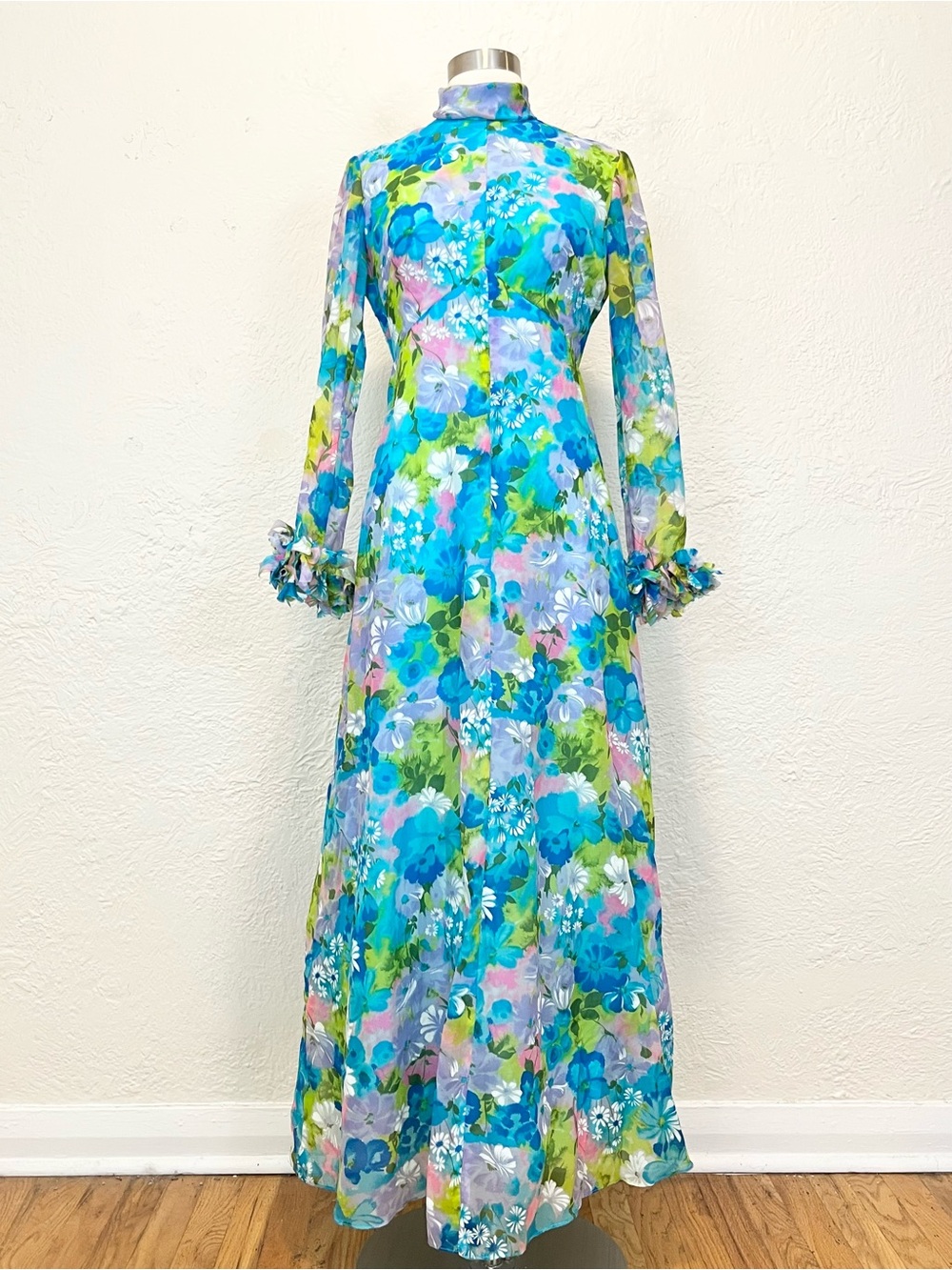 Vintage Handmade 70s Floral Maxi Dress Blue Long Sleeve Ruffle Cuffs XS/S